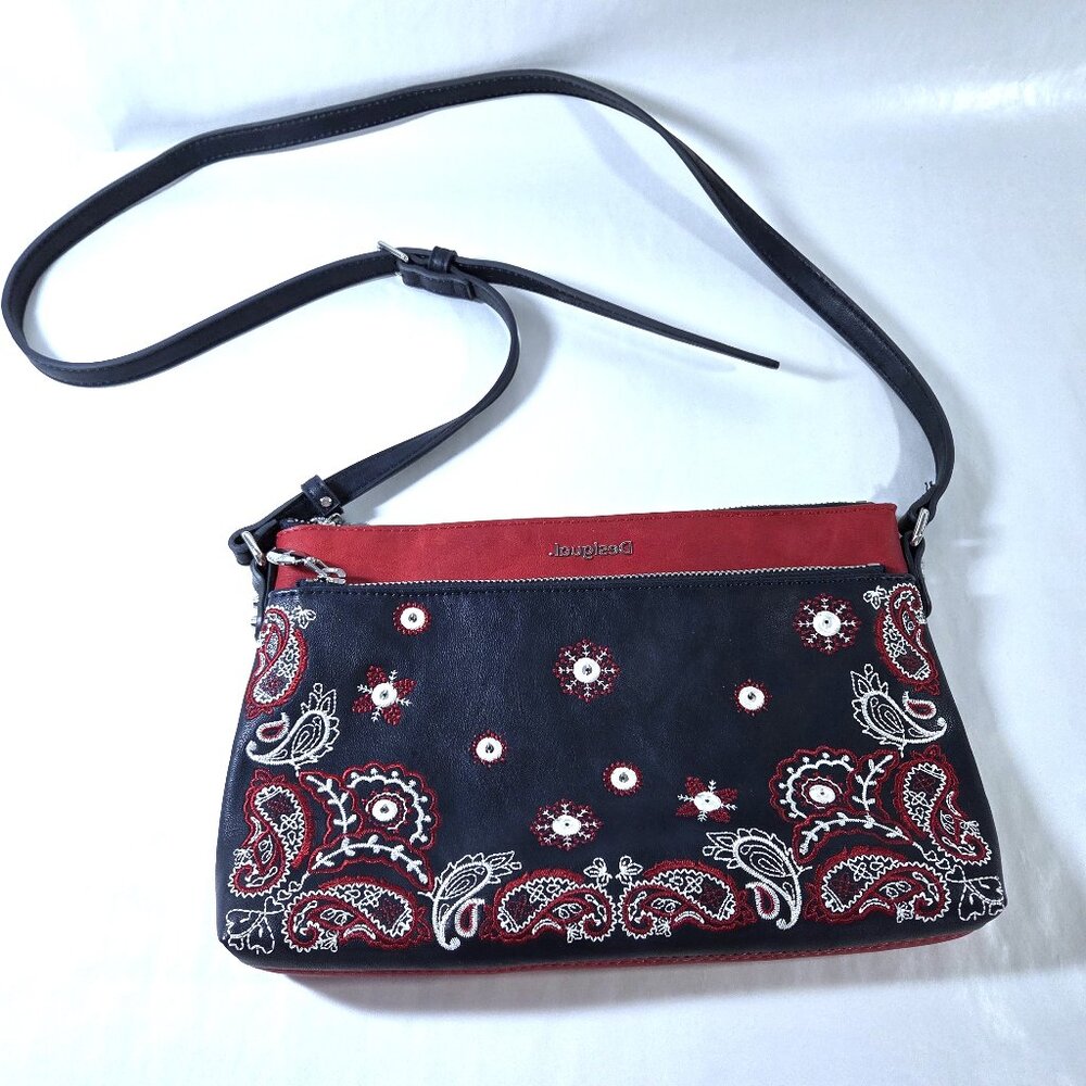 NWOT Desigual Red & Blue Bandana Paisley Embroidered Faux Leather Purse